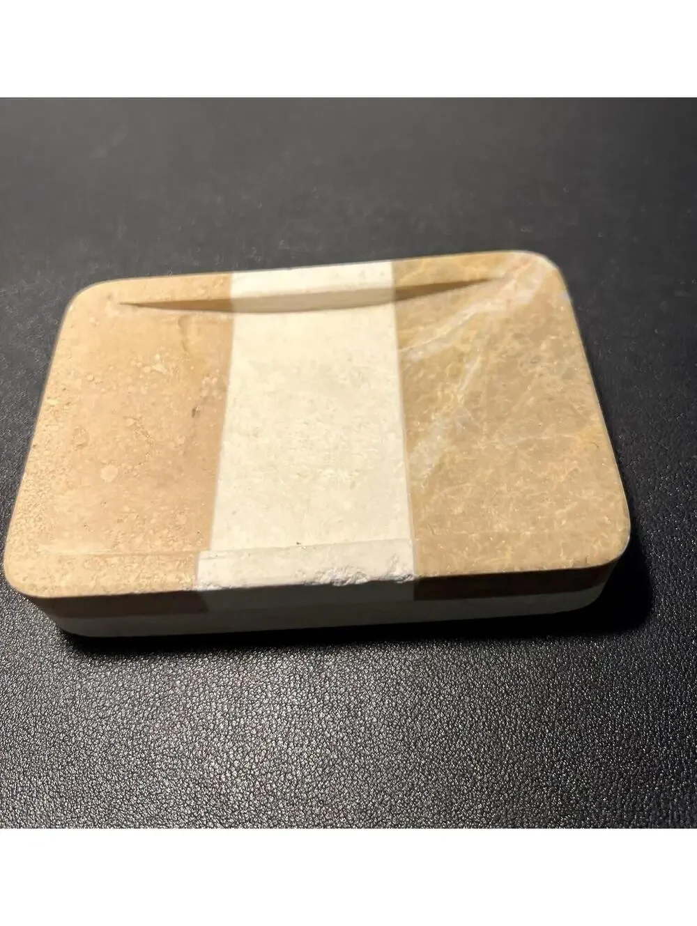 India 1990s Marble Travertine Handcrafted Two-Tone Soap Dish, 4.75x3”